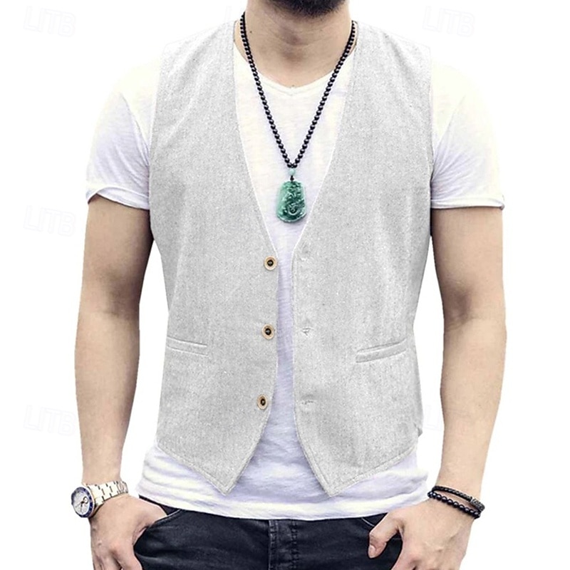 Men's Vest Waistcoat Gilet Linen Vest Vacation Party Business Fashion Casual Spring Fall Pocket Buttons Linen Cotton Blend Comfortable Plain Single Breasted One-button V Neck Regular Fit Black White2