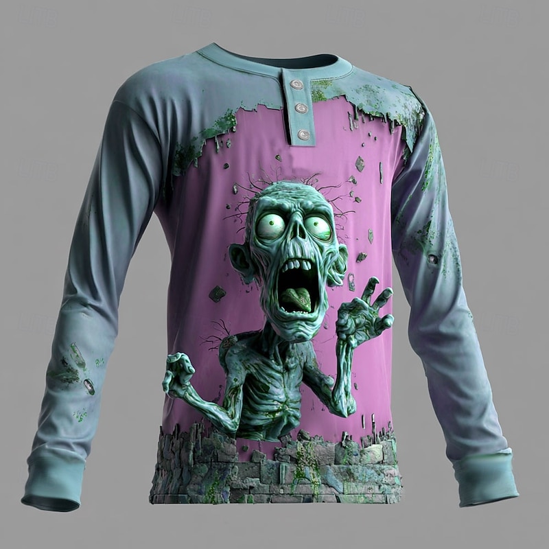 Men's Halloween Zombies Henley Shirt Long Sleeve Fashion Cute Daily Casual Holiday Going out Fall Spring &  Fall Blue Green Purple Khaki Henley Henley T-Shirt3