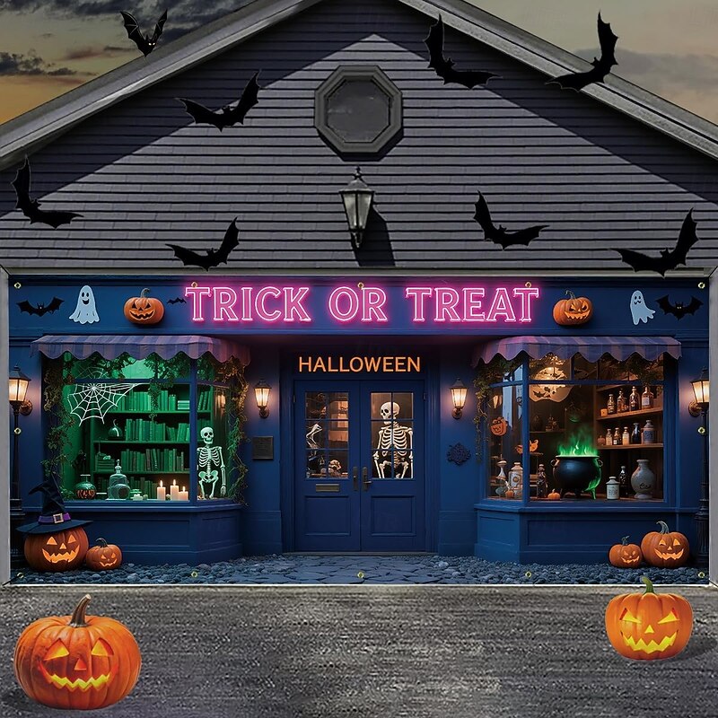 Halloween Garage Door Cover Halloween Store Pumpkin Skull Bat Cross Tomb Banner Haunted House Horror Scene Spooky Backdrop Tapestry for Outdoor Wall Fence Yard Decor