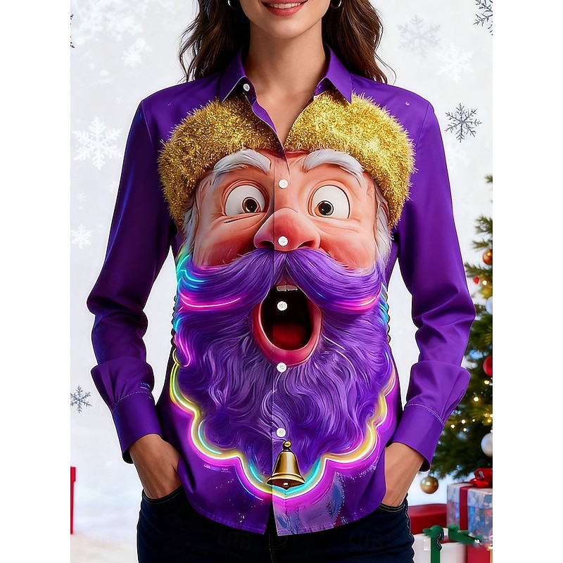 Christmas Women's Shirt Graphic Santa Claus Elegant Vintage Stylish Long Sleeve Shirt Collar Regular Tops Work Daily Holiday White Yellow Purple Orange Fall Winter3