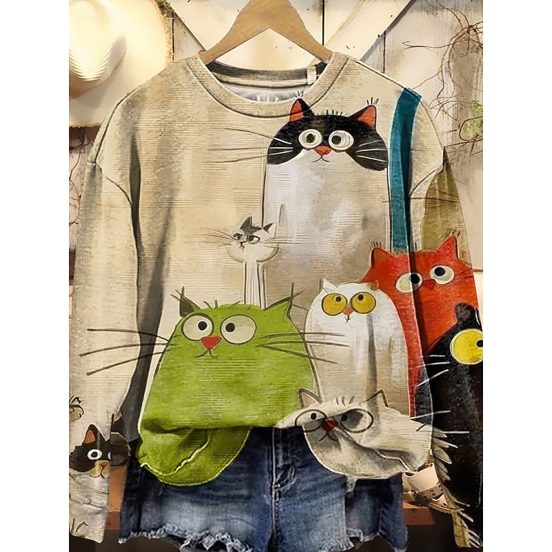 Women's Pullover Sweatshirt Graphic Animal Fashion Basic Casual Long Sleeve Crew Neck Regular Tops Street Dailywear Casual Print Blue Brown Khaki Beige Fall Winter2