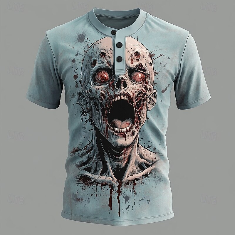 Men's Halloween Zombies T Shirt Henley Shirt Short Sleeve Designer Retro Vintage Casual Street Casual Daily Summer Spring All Seasons Blue Henley Henley T-Shirt