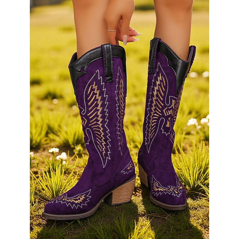 Women's Purple Western Cowboy Boots with Embroidered, Farm Style Mid-Calf Boots with Block Heel for Country, Rodeo and Casual Wear2