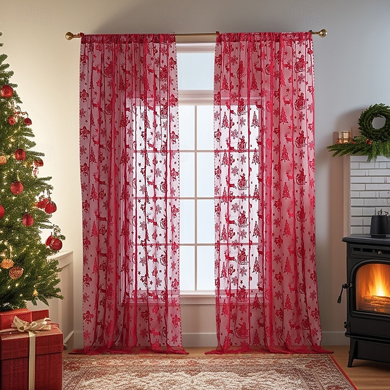 Red Christmas Decorative Curtains, American Style Holiday Window Drapes, Santa Claus Lace Sheer for Festive Home Decoration