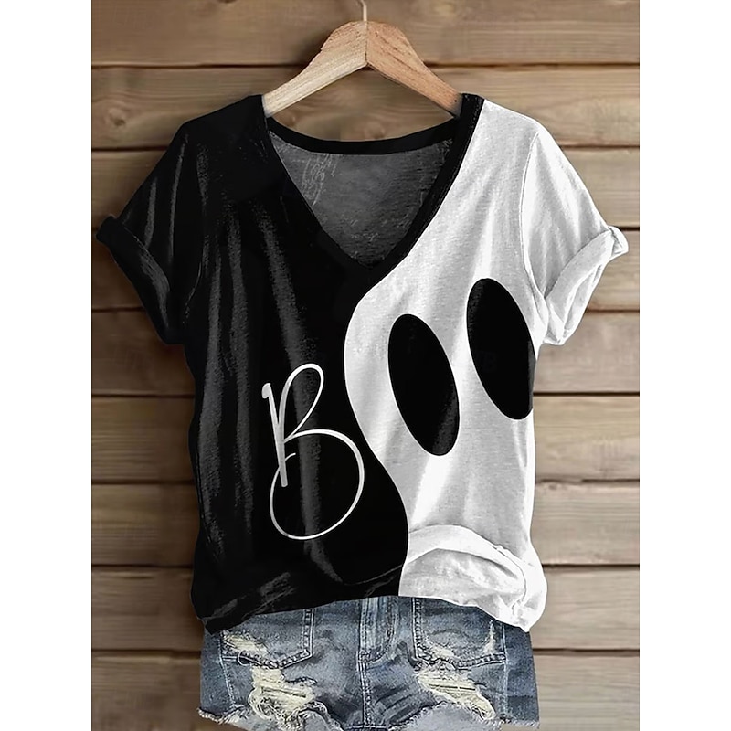 Halloween Women's T Shirt Graphic Ghost Vintage Stylish Classic Short Sleeve V Neck Regular Tops Daily Print White Summer Fall Winter