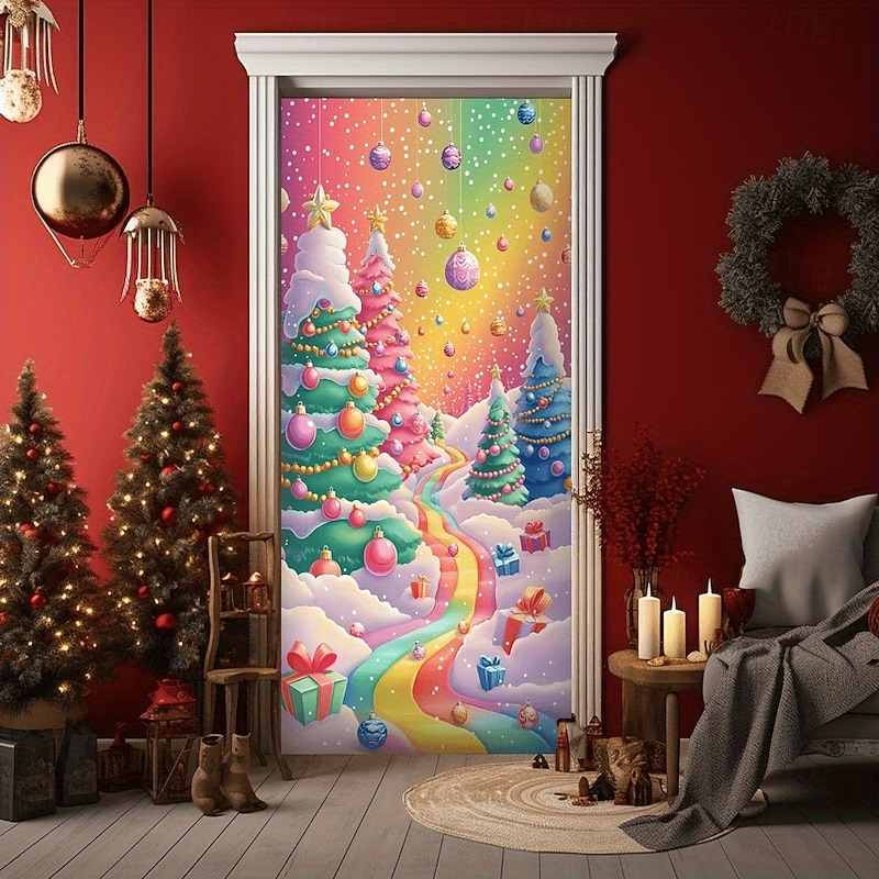 Christmas Door Cover Golden Christmas Tree Colorful Holiday Christmas Trees Surprise Festive Winter Drapes Home Decor Curtain Large Seasonal Decoration for Living Room Bedroom Celebration3