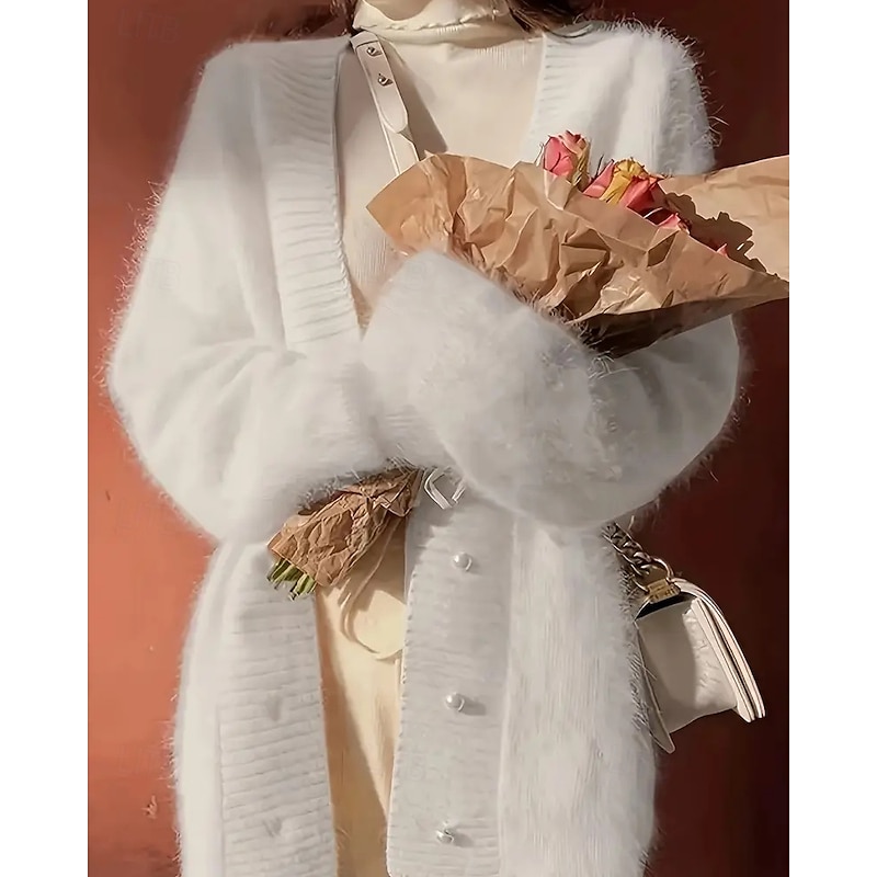 Women's Sweater Cardigan Elegant Fashion Streetwear Pure Color V Neck Pocket Knitted Long Sleeve Regular Tops Knit Outdoor Daily Weekend White Fall Winter