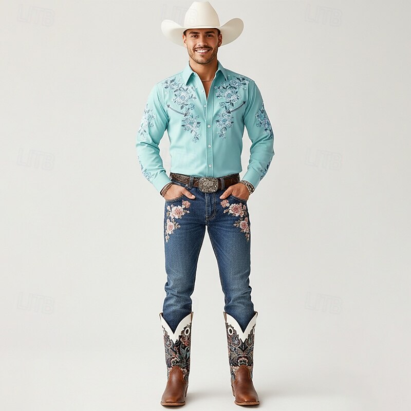 Men's Western Cowboy Boots with Embroidered Floral Pattern – Retro Riding Style Pull-On Mid-Calf Shoes for Ranch, Festival and Party Wear2