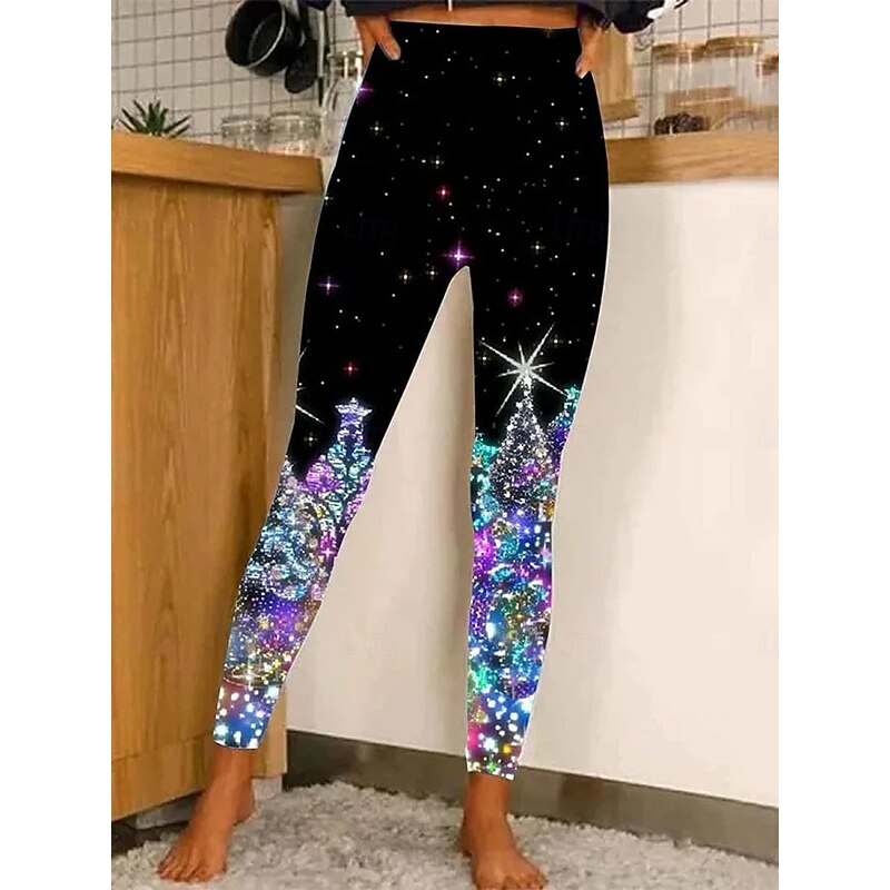 Women's Leggings Vacation Vintage Fashion Full Length High WaistPantsUgly Christmas Graphic Christmas Tree Printing Thermal Warm Soft Breathable Stretchy Formal Outdoor Vacation Black Red Rainbow