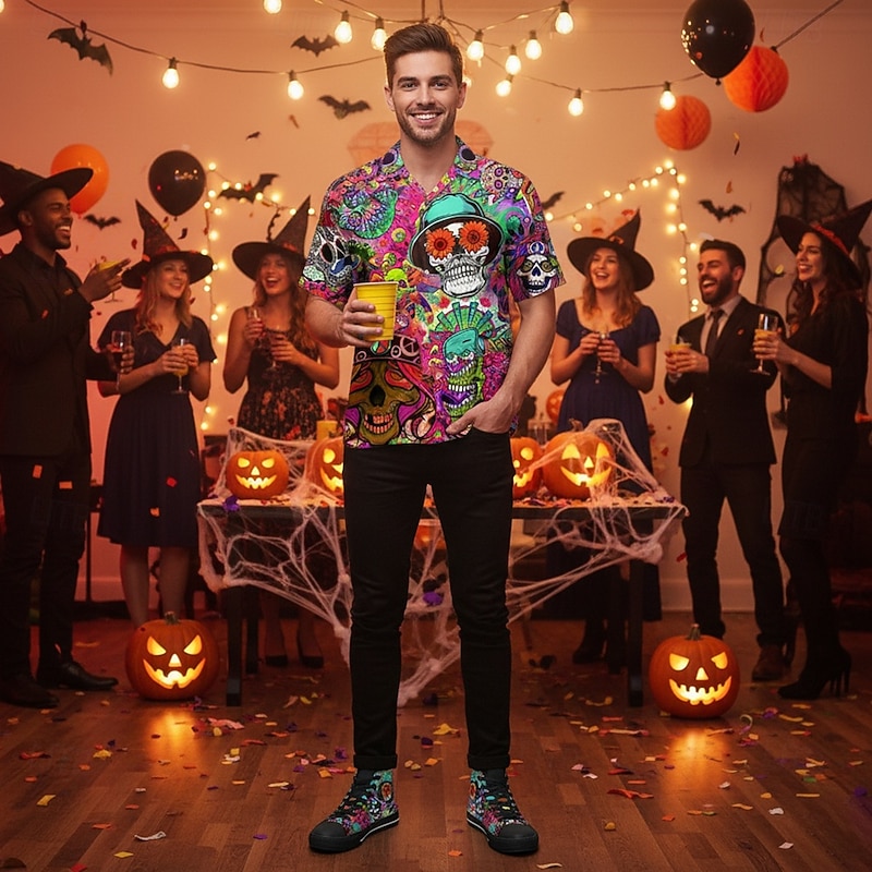 Men's Halloween Skull High Top Sneakers – Colorful Printed Canvas Lace-Up Shoes for Party, Streetwear and Cosplay2