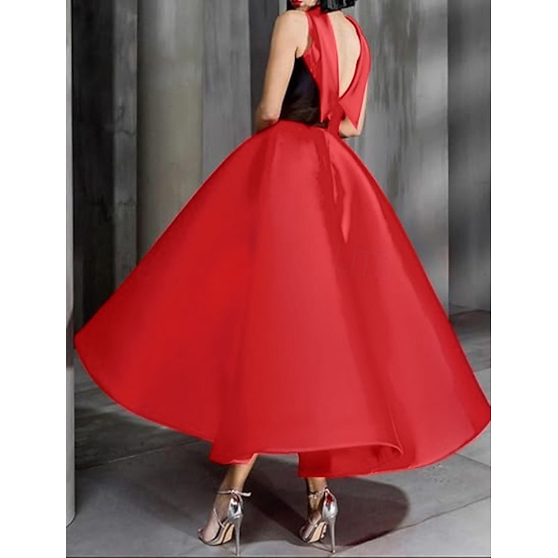 Gold Black A-Line Cocktail Dresses Elegant Dress Formal Wedding Ankle Length Sleeveless Crew Neck Pocket Satin with Bow(s) Beading4