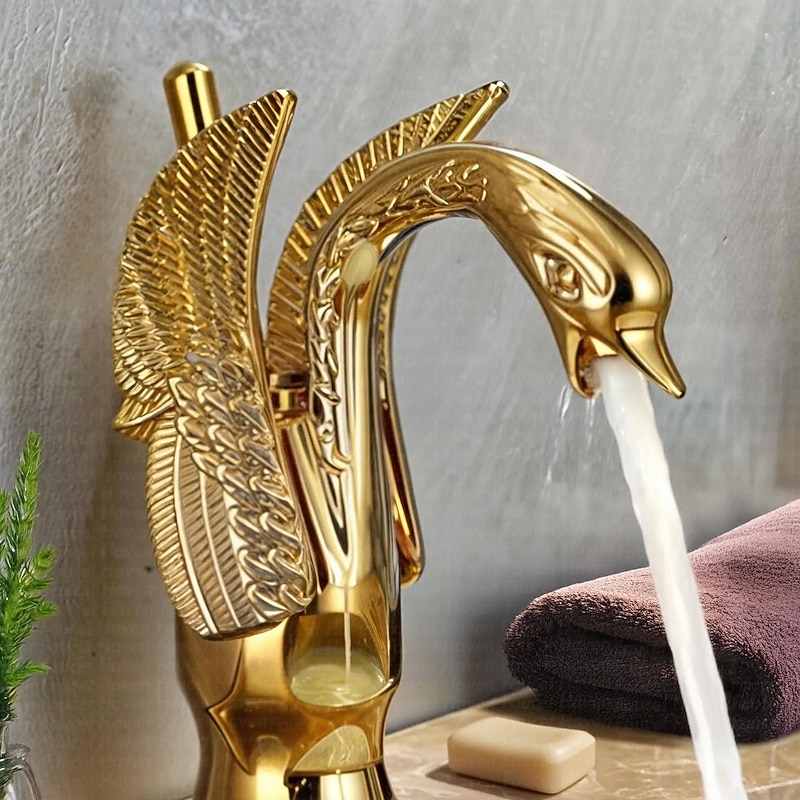 Vintage Bathroom Sink Mixer Faucet Brass Swan Shap, Monobloc Washroom Basin Taps Single Handle One Hole Deck Mounted, Mono Water Vessel Tap Hot and Cold Hose Antique Retro
