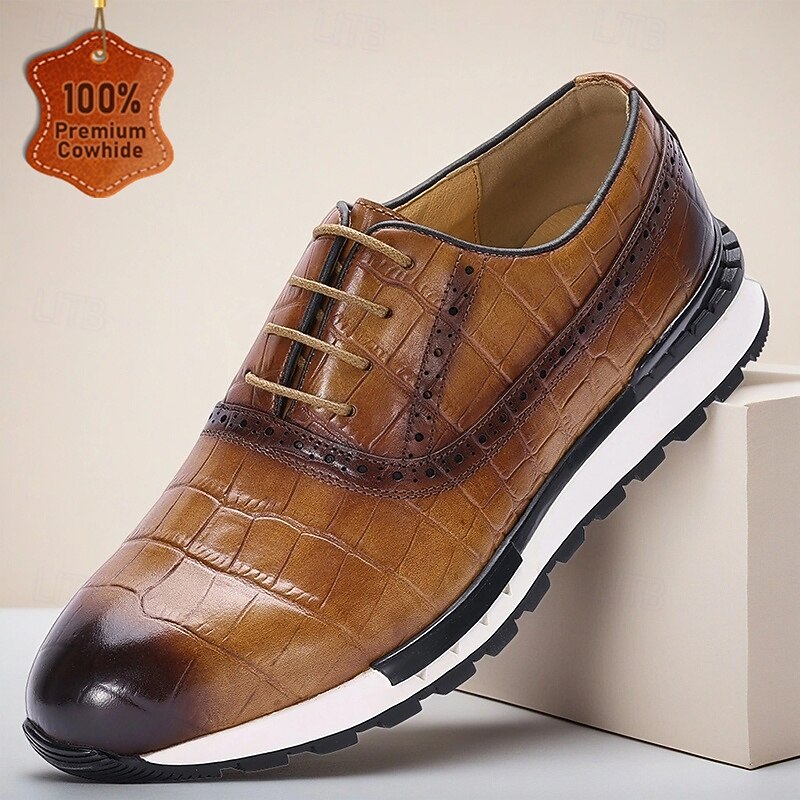 Men's Genuine Leather Casual Sneakers with Lace-Up Design, Comfortable Low Top Sport Style for Daily Wear, Travel, Walking and Outdoor Activities