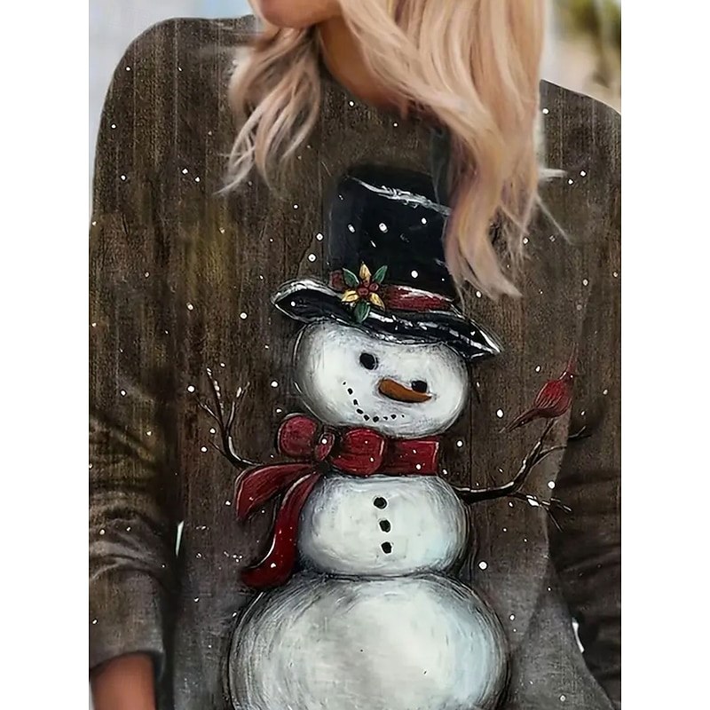 Christmas Women's T Shirt Graphic Snowman Vintage Fashion Stylish Long Sleeve Crew Neck Round Neck Regular Tops Daily Weekend Print Brown Summer Spring Fall Winter2