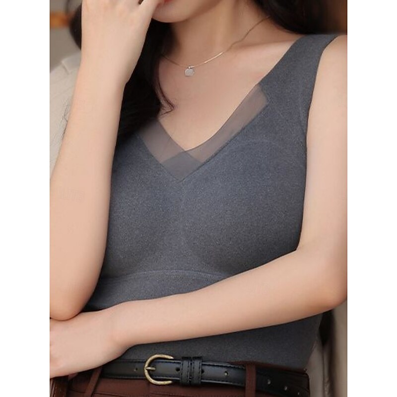Women's Thermal Underwear Casual Comfort Pure Color Home Daily Sleeveless V Neck Black Brown Beige Gray Spring Fall Winter Tailored Fit2
