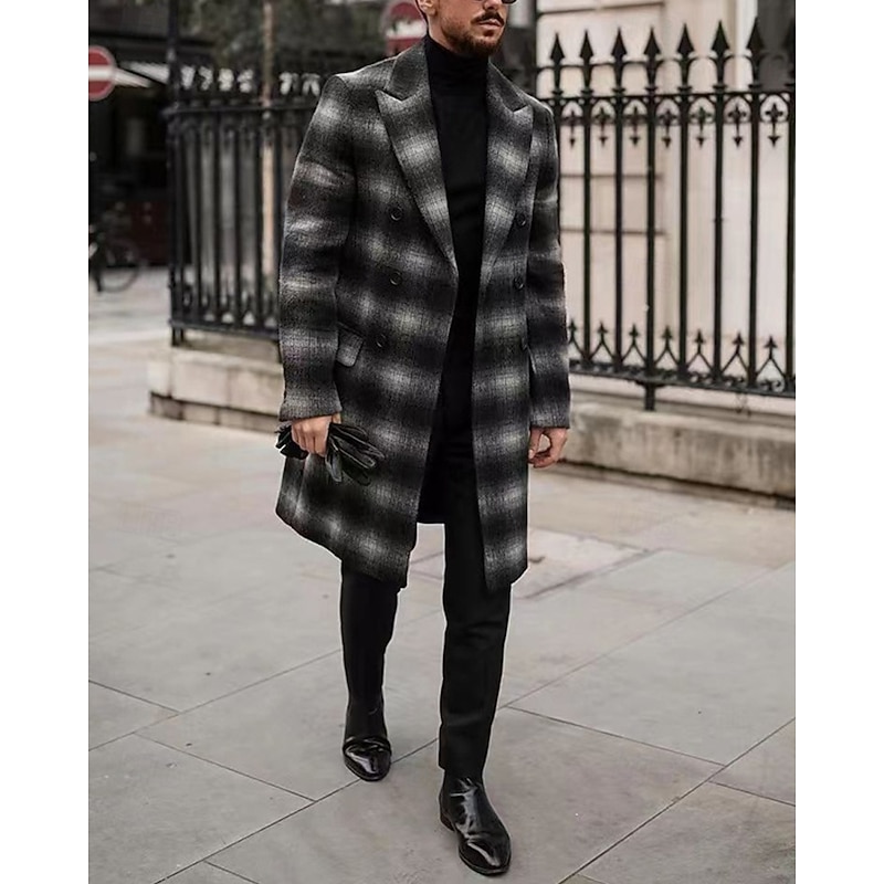 Men's Overcoat Trench Coat Long Trench Coat Vacation Daily Fall Winter Polyester Windproof Warm Outerwear Clothing Apparel Fashion Classic Plaid Pocket Lapel Open Front4