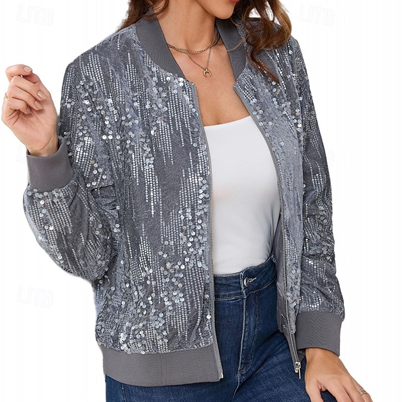 Women's Bomber Jacket Casual Jacket Comfortable Breathable Sequin Fashion Daily Plain Outdoor Casual Daily Zipper Regular Stand Collar Regular Fit Long Sleeve Outerwear Black Gray Spring Fall2