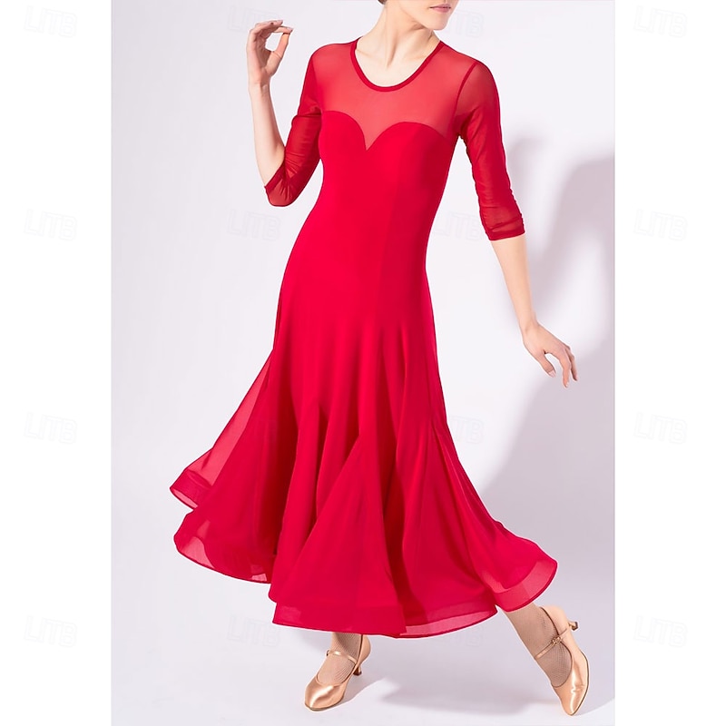 Women's Red Ballroom Dance Dress  Flared Skirt, and Heart-Shaped Bodice - Elegant Performance Wear for Latin, Salsa, and Social Dance4