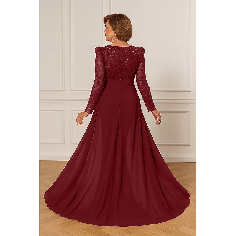 Jumpsuits Mother of the Bride Dress Elegant Sparkle & Shine V Neck Floor Length Chiffon Long Sleeve with Sash / Ribbon Sequin2