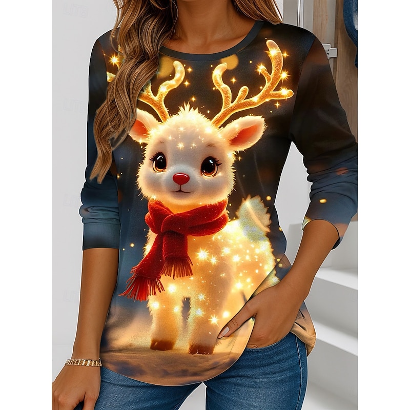 Christmas Women's T Shirt Santa Claus Reindeer Snowflake Vintage Stylish Classic Long Sleeve Crew Neck Round Neck Regular Tops Weekend Print Sage Green Army Green Royal Blue Blue Gold Winter3
