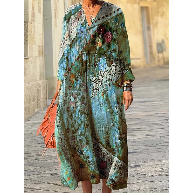 Women's Midi Dress Sundress A Line Dress Vacation Casual Boho Going out Beach Loose Fit Floral Graphic Geometric Long Sleeve V Neck Pink Light Brown Blue Green Spring Fall Winter Autumn4