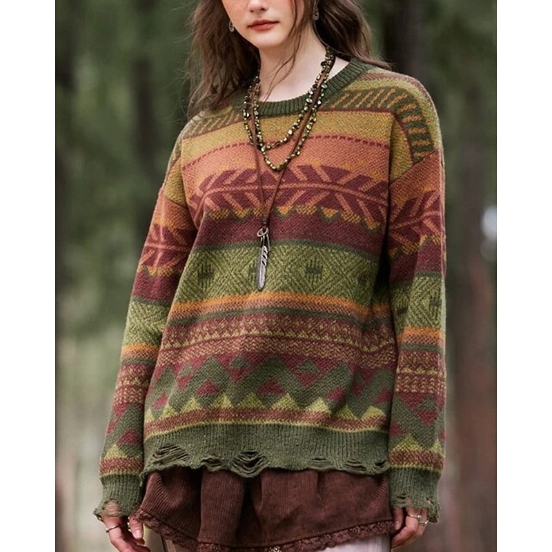 Women's Sweater Fair Isle Sweater Pullover Streetwear Casual Geometric Ribbed Crew Neck Knitted Long Sleeve Regular Tops Knit Outdoor Daily Weekend Green Fall Winter
