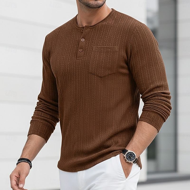 Men's T Shirt Ribbed Knit tee Tee Top Long Sleeve Shirt Long Sleeve Henley Spring Fall Winter Plain Pit Strip Fashion Designer Basic Jacquard Knitting Vacation Street Casual Blue Purple Brown Top Tee2
