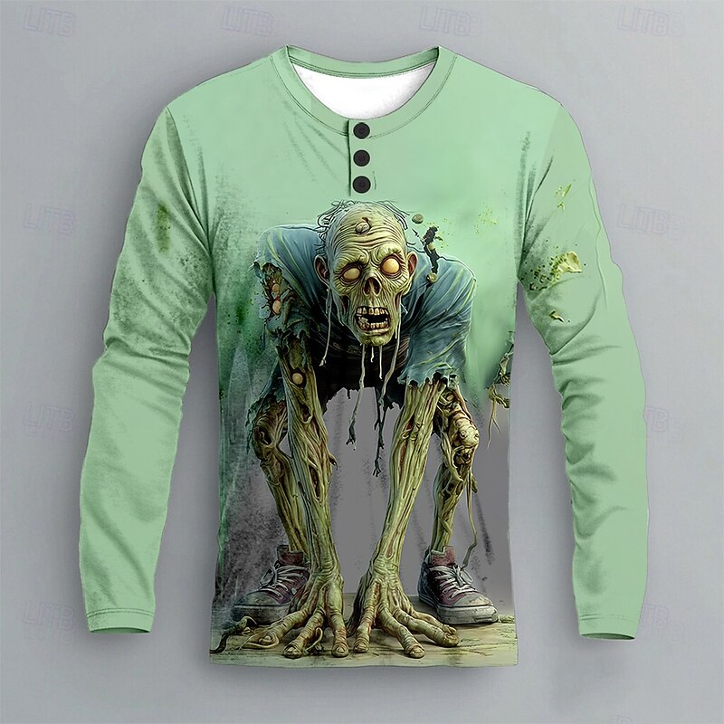 Men's Halloween Zombies Henley Shirt Long Sleeve Fashion Cute Daily Halloween Casual Holiday Spring Fall Spring &  Fall Pink Blue Green Purple Henley Henley T-Shirt