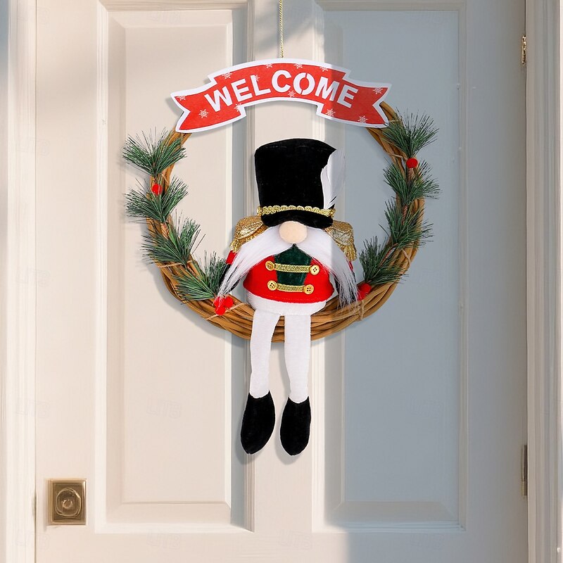 Christmas Soldier Wreath Welcome Wooden Sign Decor Gnome Doll Vine Garland Front Door Hanging Decoration Holiday Party Mall Window Display Christmas Ornament4