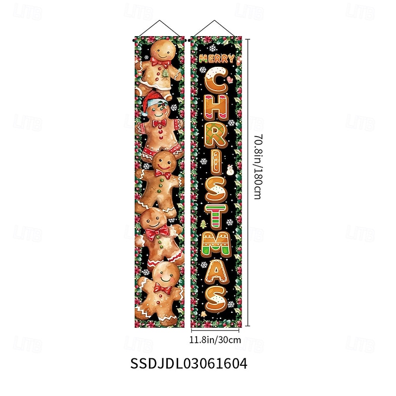 New Christmas Cartoon Gingerbread Leaf Series Door Couplets, Indoor and Outdoor Holiday Celebration Decoration, Festive Xmas Banner2
