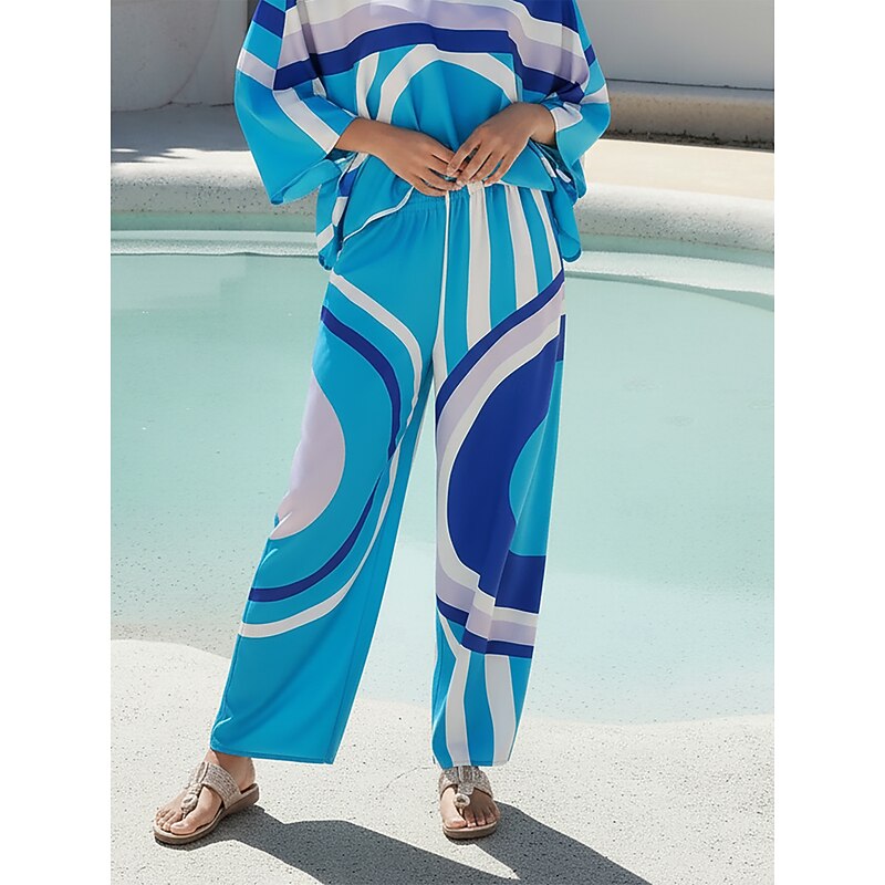 Women's Satin Wide Leg Pants Geometric Colorblock Placement Print Elastic Waist Casual Vacation Spring Fall2