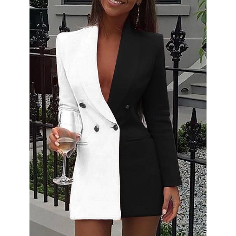 Women's Blazer Comfortable Breathable Pocket Casual Plain Formal Office Street Casual Double Breasted Long Turndown Regular Fit Long Sleeve Outerwear Black Yellow Red Summer Spring2