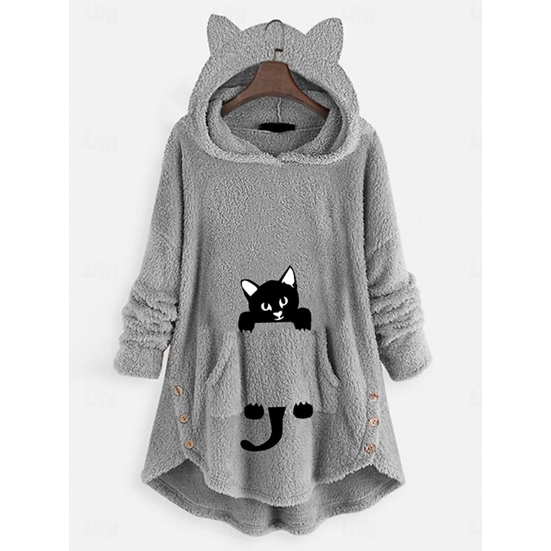Women's Pullover Hoodie Sweatshirt Cat Casual Long Sleeve Hooded Long Tops Street Dailywear Casual Buttons Print Front Pocket Pink Wine Gray Fall Winter