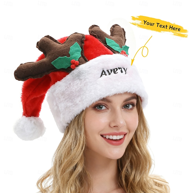 Personalized Embroidered Name Christmas Hat with Reindeer Antlers, Unisex Holiday Plush Santa Hat for Kids and Adults, Fun Party Decoration and Gift