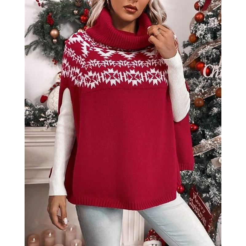 Women's Sweater Shrug Fair Isle Sweater Fashion Casual Geometric Ribbed Turtleneck Knitted Long Sleeve Regular Tops Knit Christmas Outdoor Daily Red Fall Winter3
