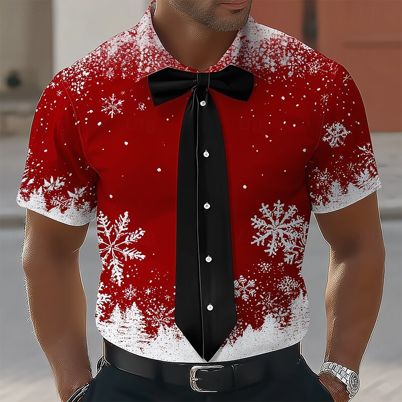 Christmas Men's Snowflake Bow tie Christmas Costume Shirt Button Up Shirt Short Sleeve Fashion Casual Outdoor Holiday Summer Spring Turndown 3D Print Collared Shirts Pink Red Orange