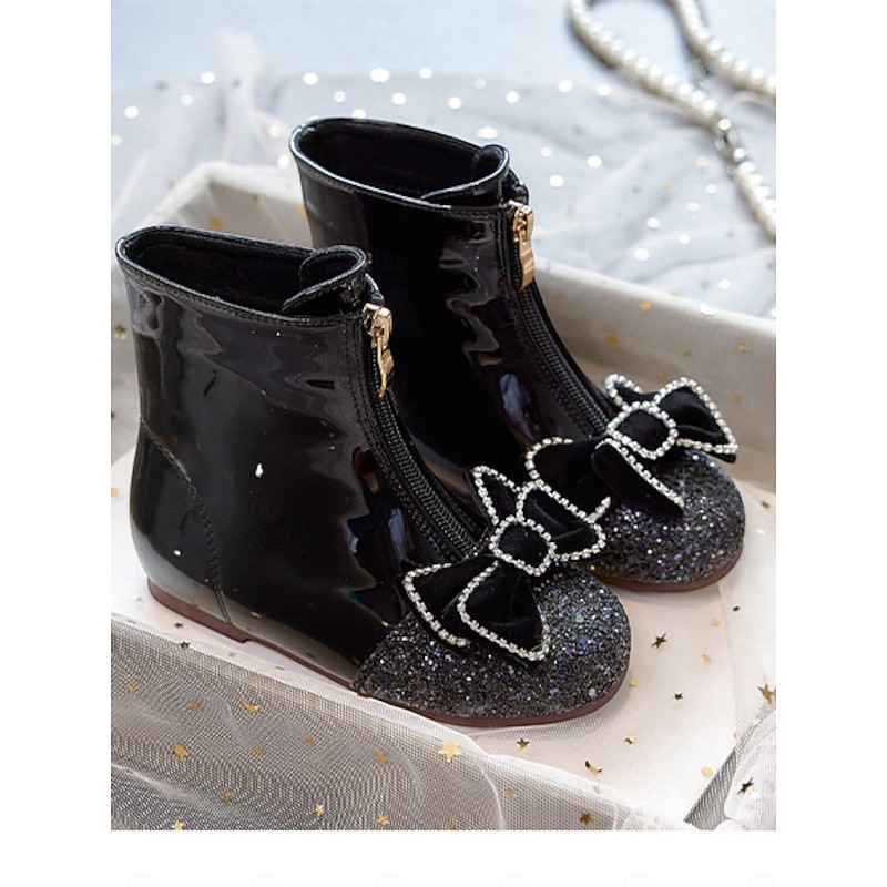 Girl's Red Glitter Bow Boots - Shiny Patent Leather Ankle Boots with Rhinestone Detailing for Parties and Dress-Up4