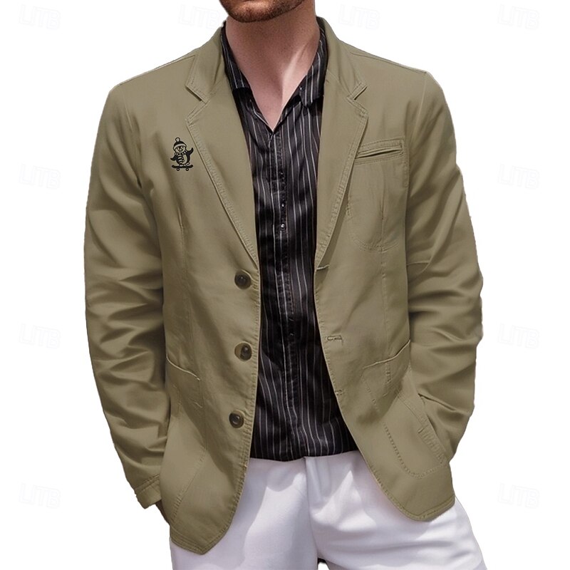 Men's Print Penguin Blazer Cotton Suit Jacket Suits Coat Casual Outdoor Dailywear Multiple Pockets Three Button Stripe Lined Suit Jacket Fall Winter Notch lapel collar Long Sleeve khaki Army Green2