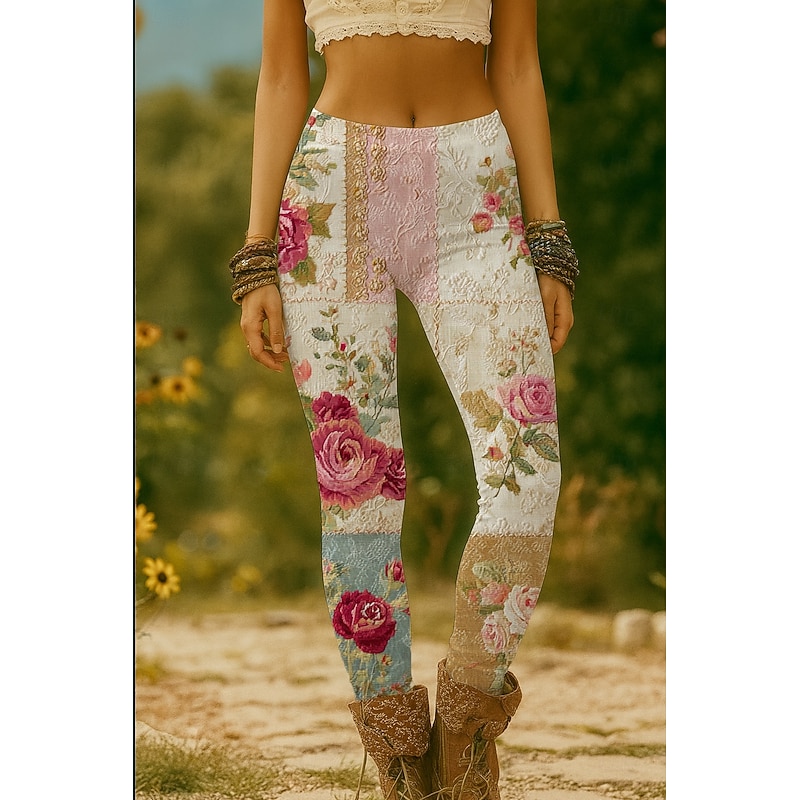 Women's Leggings Vacation Vintage Ethnic Style Full Length High Waist Floral Graphic 3D Print Quick Dry Breathability Soft Stretchy Formal Outdoor Vacation White Pink Blue Green Summer Spring Fall3