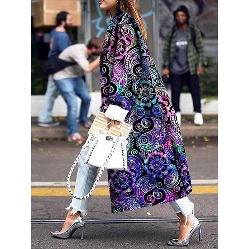 Women's Winter Coat Comfortable Breathable Print Casual Floral Vacation Street Casual Daily Wear Open Front Long Collarless Regular Fit Long Sleeve Outerwear Pink Navy Blue Blue Spring Fall3