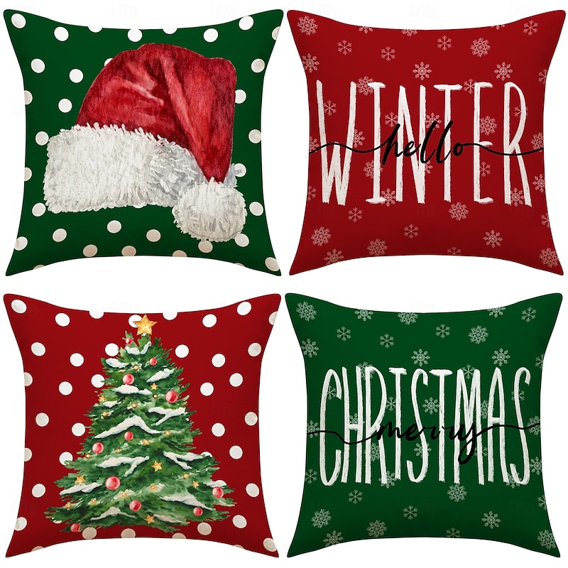 New Red & Green Christmas Pillow Set, Classic Colorblock Decorative Cushions with Christmas Tree Print, Festive Holiday Throw Pillows