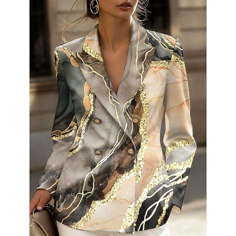 Women's Blazer Comfortable Breathable Buttons Print Fashion Casual Geometric Formal Office Street Casual Double Breasted Regular Notch Lapel Regular Fit Long Sleeve Outerwear Black Yellow Blue Spring2