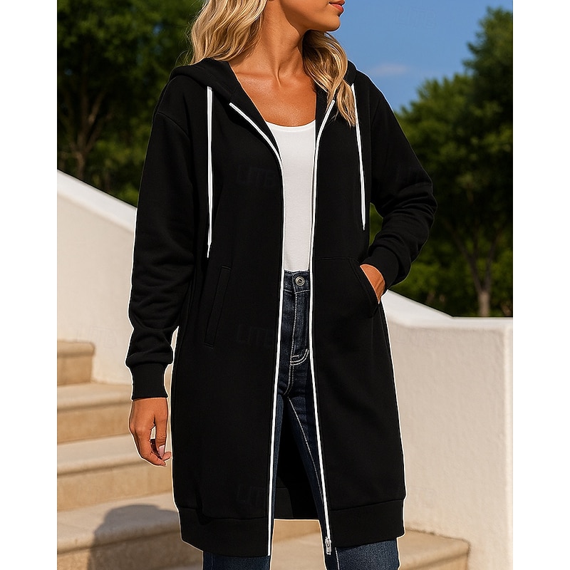 Women's Zip Up Sweatshirt Long Hooded Sweatshirt Drawstring with Pockets Long Sleeve Top Athleisure Fall Solid Colored Outdoor Travel Sports Sportswear Activewear Black White Red3
