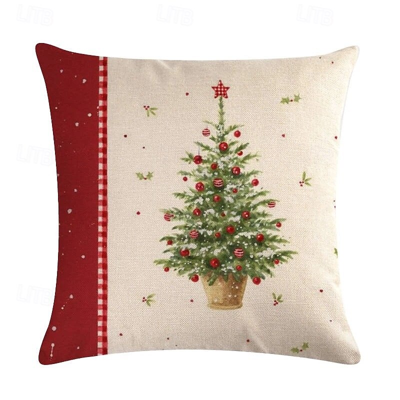 Christmas Red and White Patchwork Throw Pillow Cover, Festive Cartoon Holiday Wreath Cushion Case, Linen Decorative Pillowcase for Sofa3