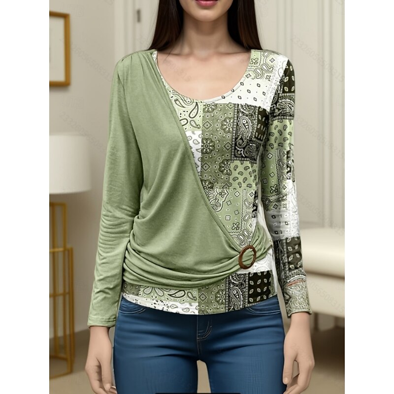 Women's Blouse Paisley Stylish Casual Long Sleeve Crew Neck Regular Tops Daily Patchwork Print Orange Brown Green Gray Spring Fall Winter4