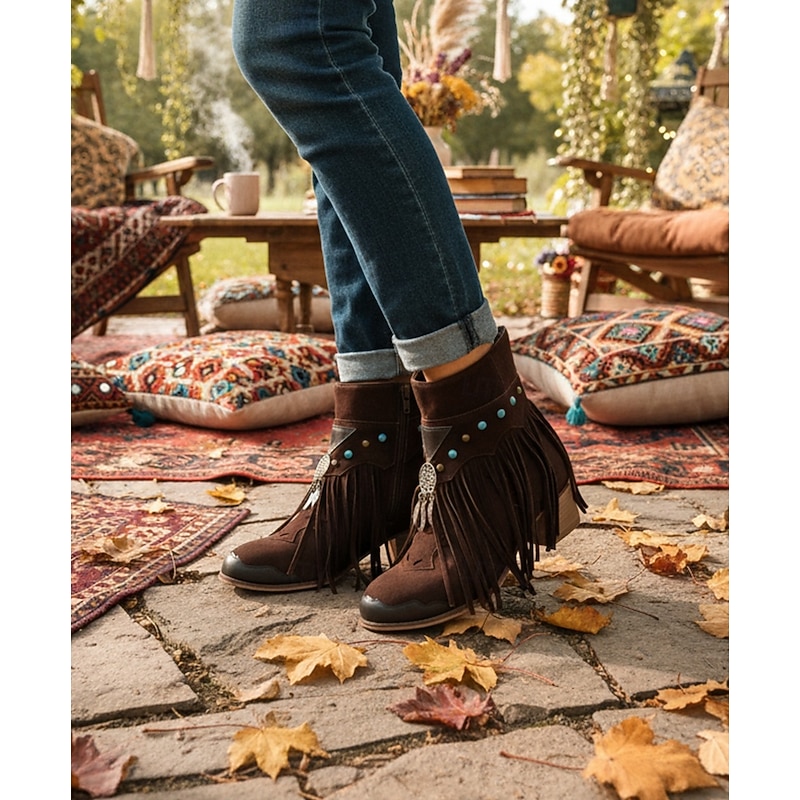 Women's Fringe Boots with Dreamcatcher Decor - Brown Bohemian Ankle Boots for Women