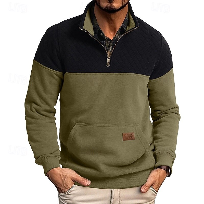 Men's Sweatshirt Waffle Sweatshirt Pullover Hoodie Sweatshirt Pullover Quarter Zip Sweatshirt Army Green Burgundy Royal Blue Brown Khaki Standing Collar Plain Patchwork Sports & Outdoor Casual Daily2