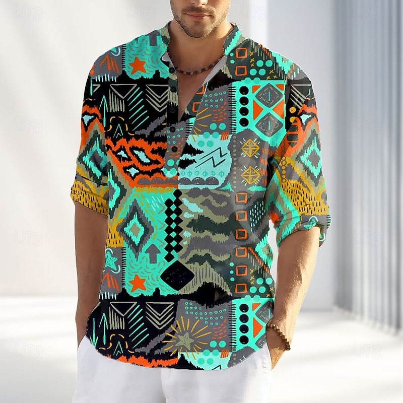 Men's Abstract T Shirt Henley Shirt Long Sleeve Designer Retro Vintage Casual Street Casual Daily Summer Spring Fall Yellow Green Blue Henley Henley T-Shirt4