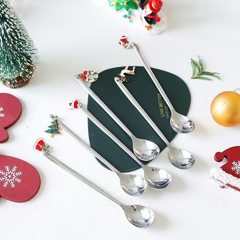 Metal Spoon Christmas Gift Set 6 Pieces Stainless Steel Cartoon Creative Coffee Stirring Spoon Dessert Scoop Holiday Party Tableware Kitchen Utensils Festive Decoration Present For Family Friends3