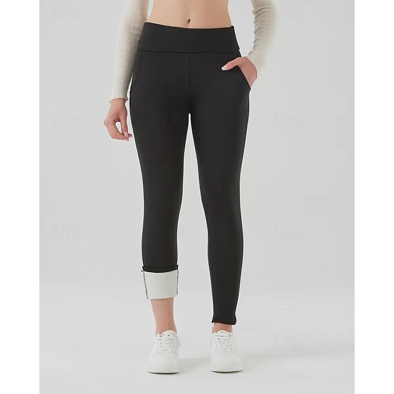 Women's Chinos Leggings Cozy Fleece Lined Vacation Vintage Streetwear Full Length Medium Waist Plain Pocket Elastic Waist Warm Comfortable Micro-elastic Stretchy Outdoor Vacation Daily claret3